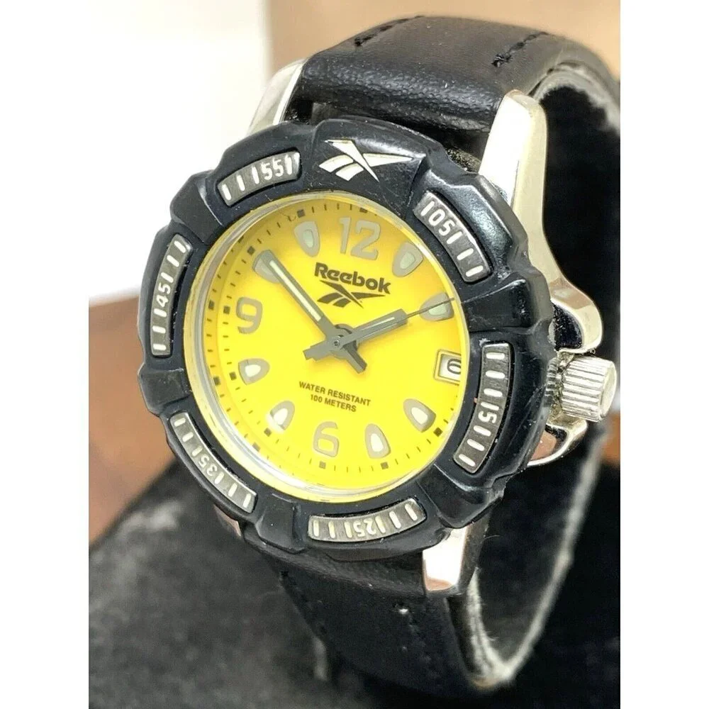 Reebok Women's Watch Quartz VX12 Diver Yellow Dial Black Leather Strap 29mm